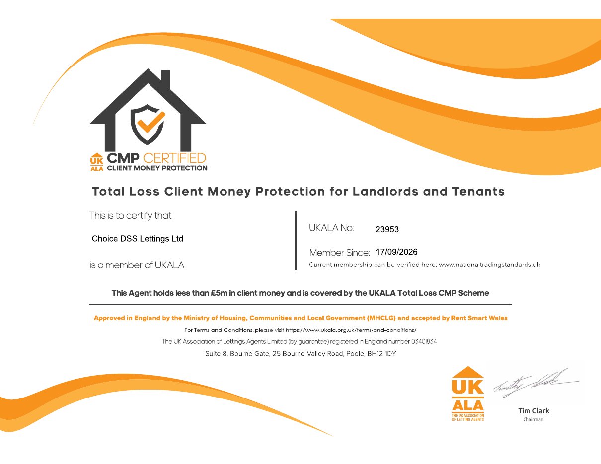 UKALA Client Money Protection certificate for Choice DSS Lettings Ltd, UKALA number 23953, member since 17/09/2026